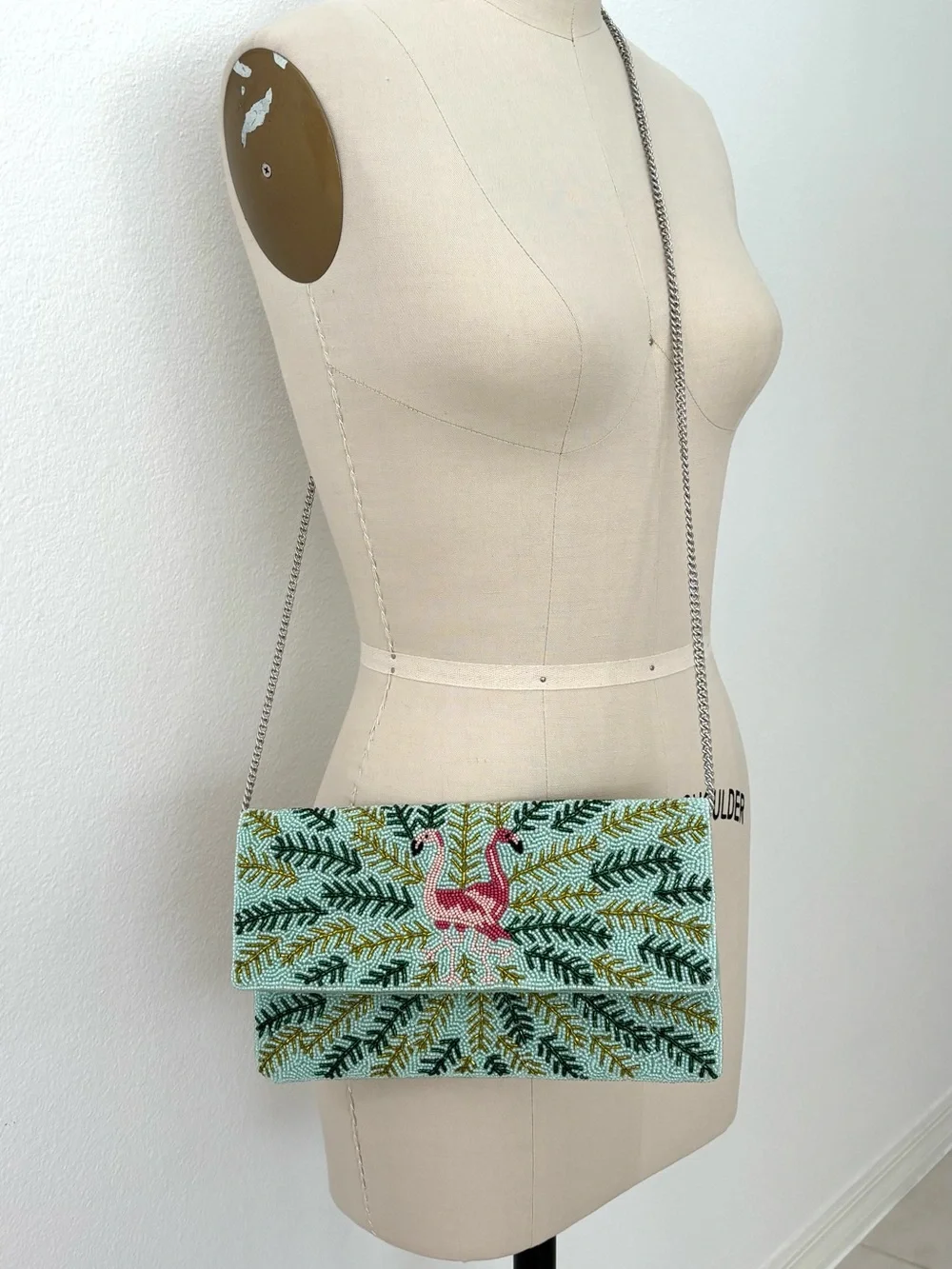 LCD Flamingo Beaded Envelope Clutch NWT Handmade Crossbody Mint Pink